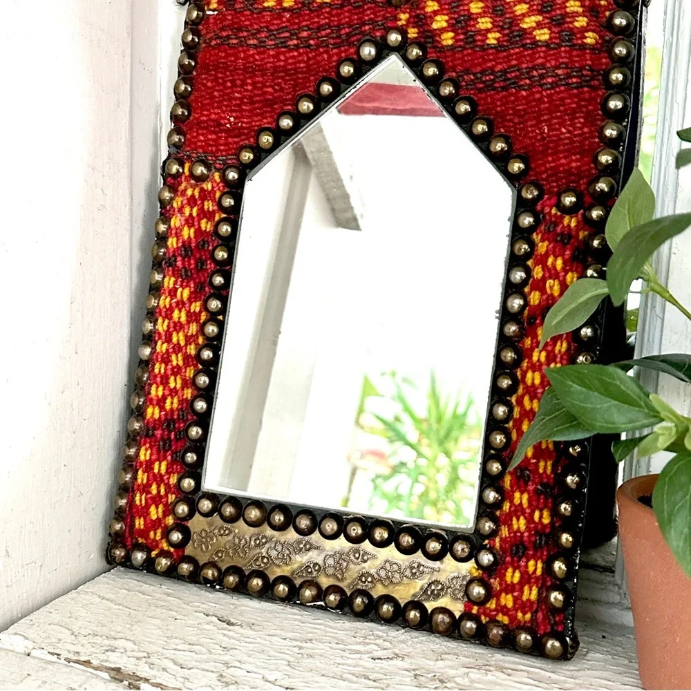 Egyptian Kilim Rug Mirror Studs Vibrant Colors With Carved Metal Red And Gold